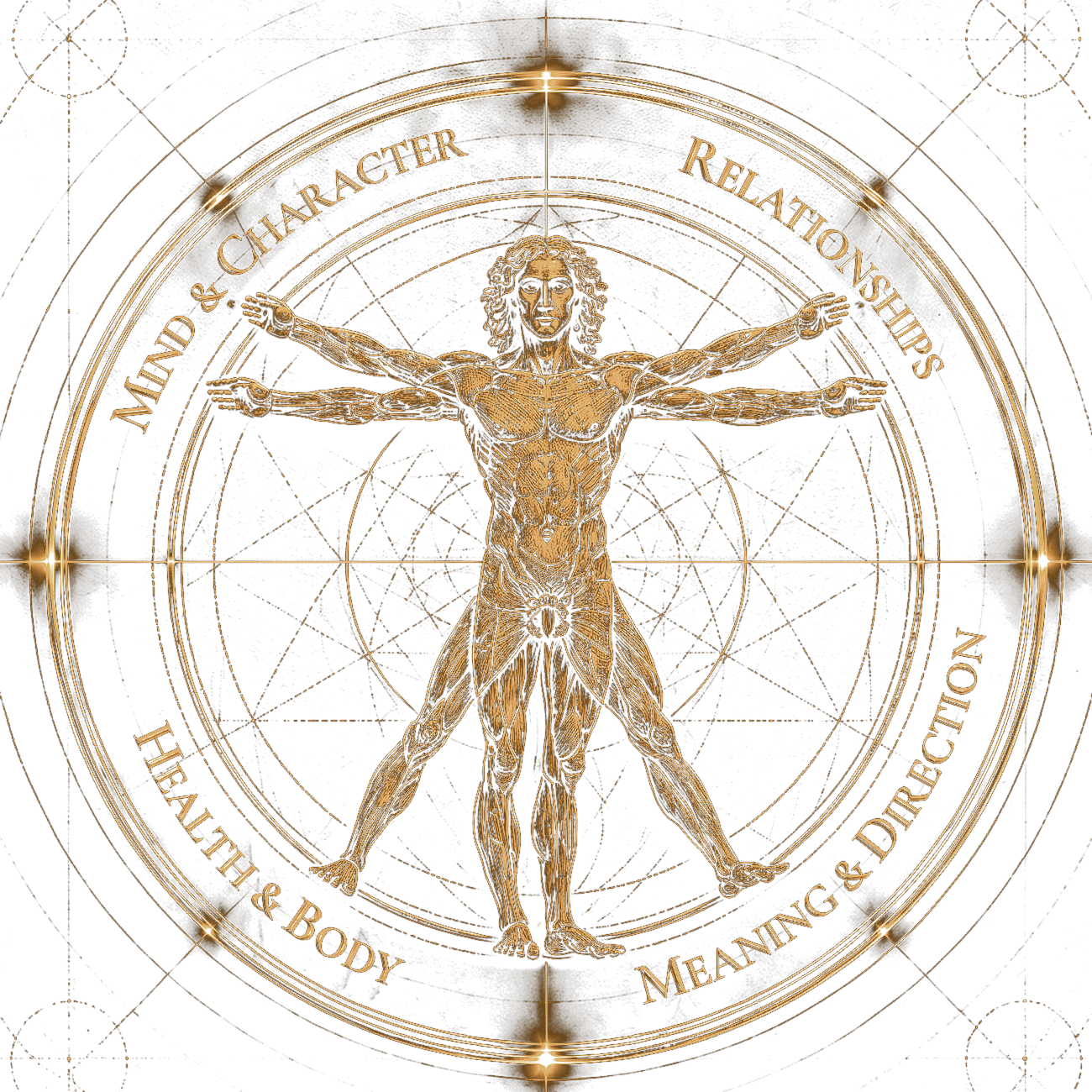 A gold Vitruvian figure within The Vitruvian Wheel compass.