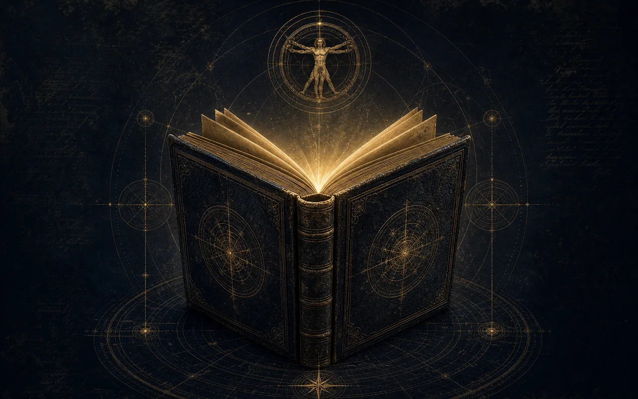 An illuminated dark-bound book surrounded by antique gold compass geometry.