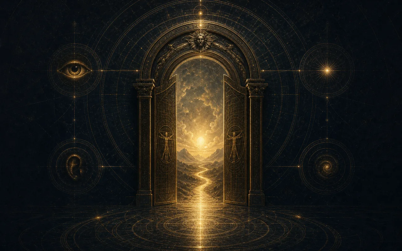 An antique gold doorway opening into a luminous symbolic path.