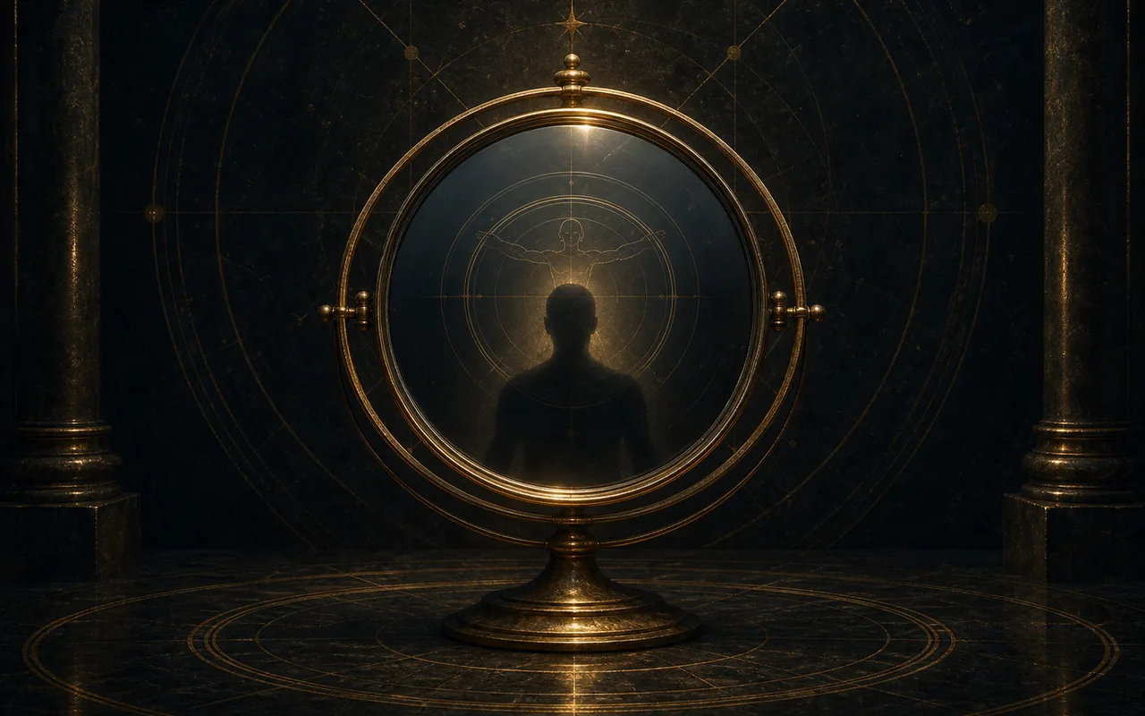 A dark reflective mirror within gold circular geometry.