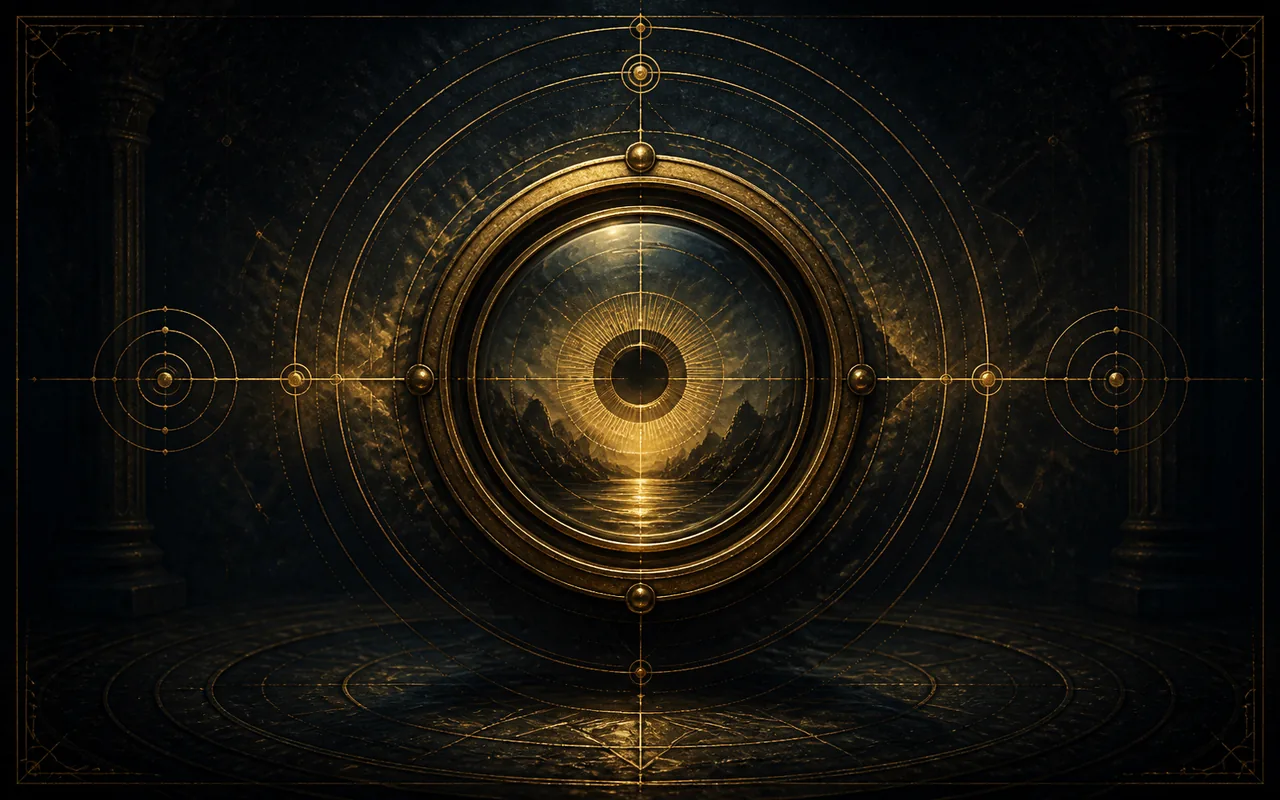 An illuminated eye-like lens set within antique gold circular geometry.