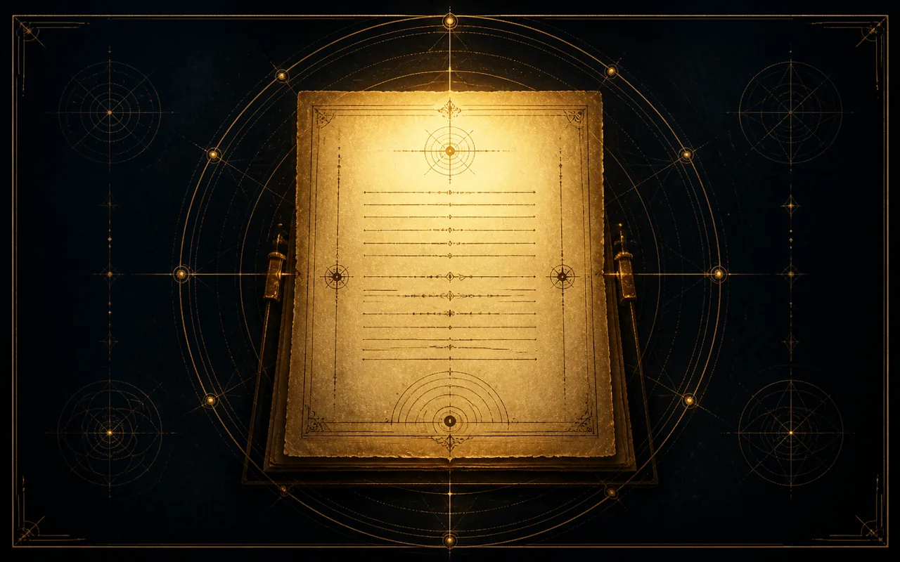 A glowing manuscript page held inside elegant compass geometry.