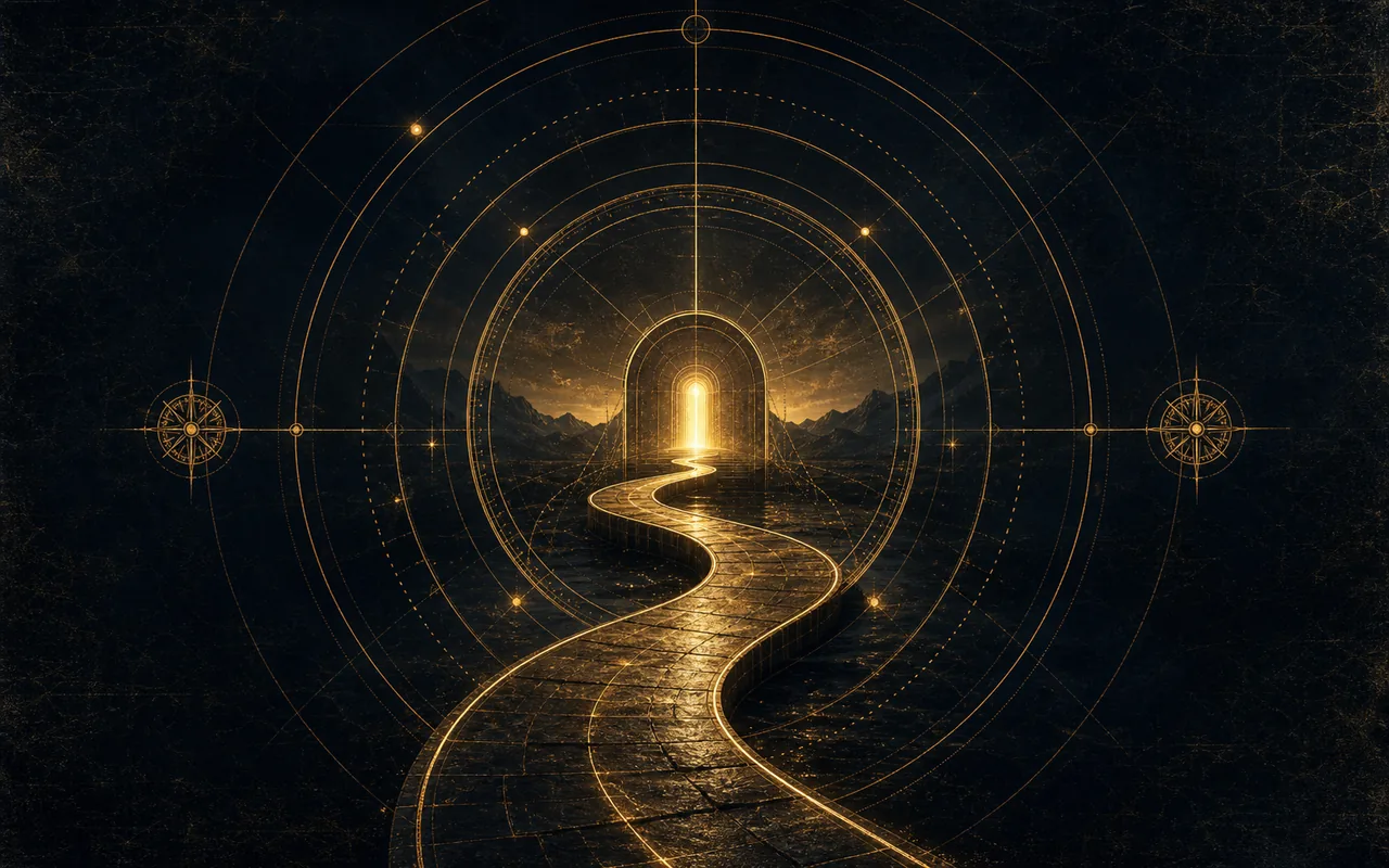 A gold path curving back through concentric wheel rings toward a luminous threshold.